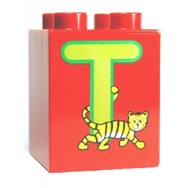 red duplo brick 2 x 2 x 2 with letter t and tiger pattern