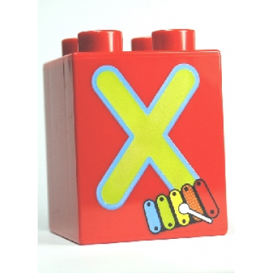 red duplo brick 2 x 2 x 2 with letter x and xylophone pattern