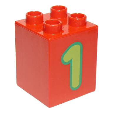 red duplo brick 2 x 2 x 2 with number 1 lime pattern