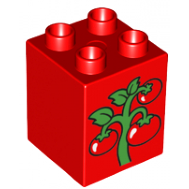 red duplo brick 2 x 2 x 2 with green vine with 3 red tomatoes pattern 10819