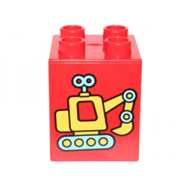 red duplo brick 2 x 2 x 2 with yellow and medium azure toy excavator pattern 10845