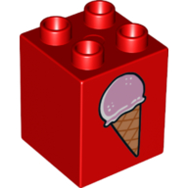 red duplo brick 2 x 2 x 2 with ice cream cone and dropped ice cream cone on reverse pattern