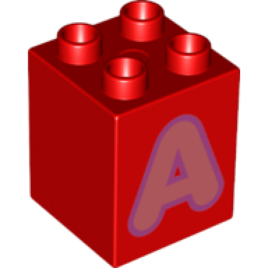 red duplo brick 2 x 2 x 2 with coral capital letter a with medium lavender outline pattern