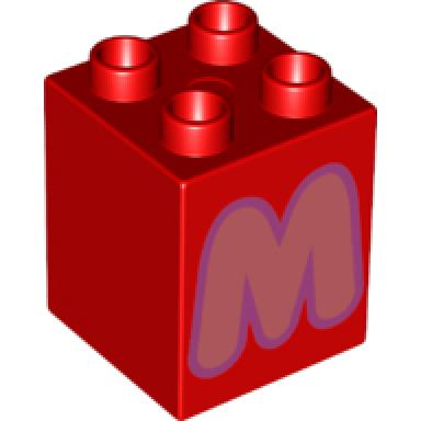 red duplo brick 2 x 2 x 2 with coral capital letter m with medium lavender outline pattern