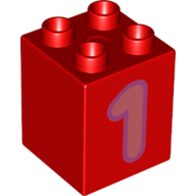 red duplo brick 2 x 2 x 2 with coral number 1 with medium lavender outline pattern