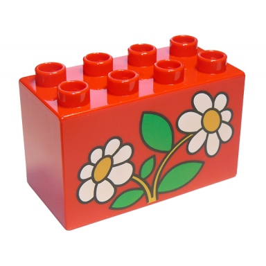 red duplo brick 2 x 4 x 2 with 2 white flowers daisies with green leaves pattern