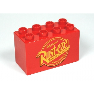 red duplo brick 2 x 4 x 2 with rust-eze logo pattern