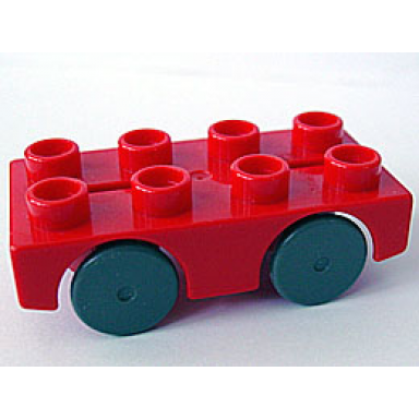 red duplo car base 2 x 4 with dark gray wheels