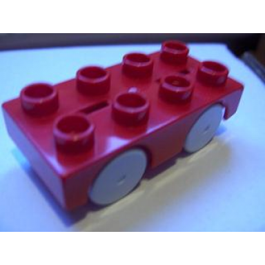 red duplo car base 2 x 4 with very light bluish gray wheels