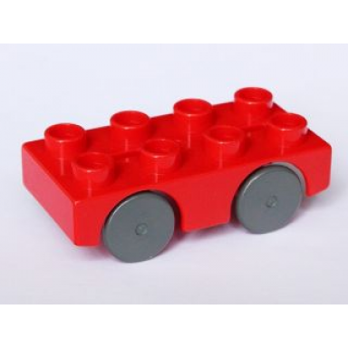 red duplo car base 2 x 4 with dark bluish gray wheels