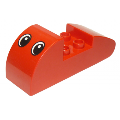 red duplo brick 2 x 6 x 2 rounded ends with black and white eyes pattern