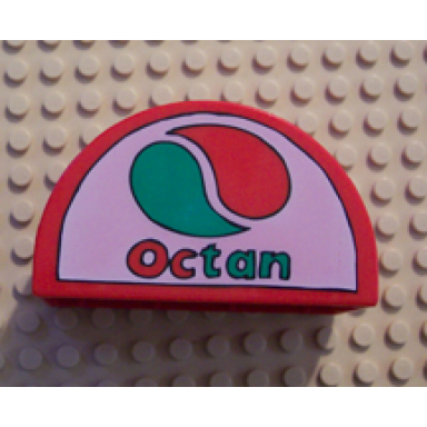 red duplo brick 2 x 4 x 2 slope curved double with octan logo on white background pattern