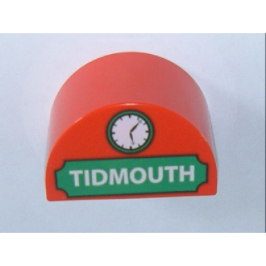 red duplo brick 2 x 4 x 2 slope curved double with white tidmouth on green background and clock pattern