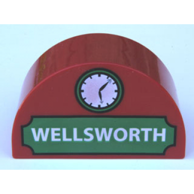 red duplo brick 2 x 4 x 2 slope curved double with white wellsworth on green background and clock pattern