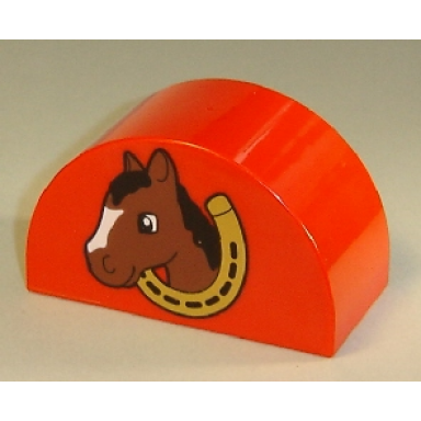 red duplo brick 2 x 4 x 2 slope curved double with horse head in horseshoe pattern