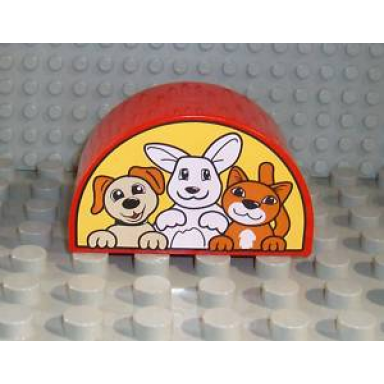red duplo brick 2 x 4 x 2 slope curved double with dog cat and bunny rabbit on yellow background pattern