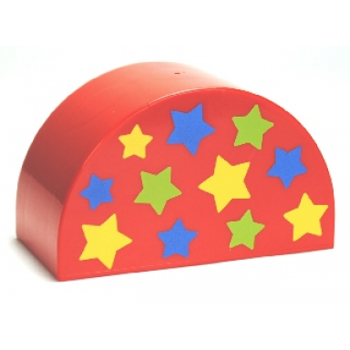 red duplo brick 2 x 4 x 2 slope curved double with blue lime and yellow stars pattern