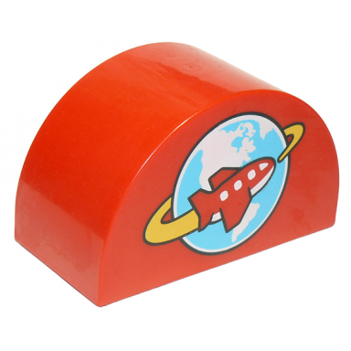 red duplo brick 2 x 4 x 2 slope curved double with airplane circling globe pattern