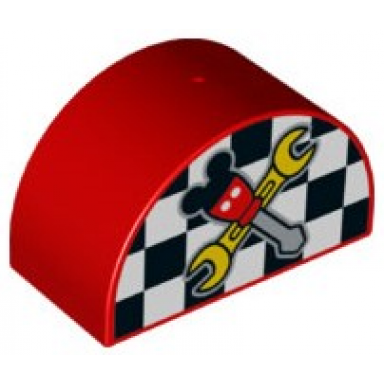 red duplo brick 2 x 4 x 2 slope curved double with checkered flag and crossed tools with mouse ears pattern