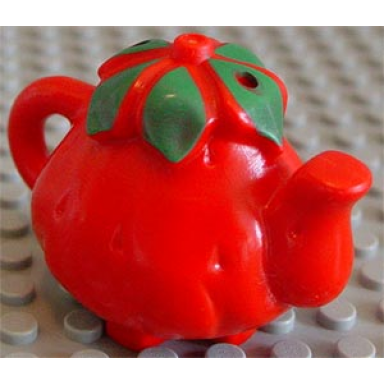 red duplo utensil teapot strawberry with green leaves pattern