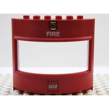 red duplo wall with window 3 x 8 x 6 round with lego logo and fire pattern