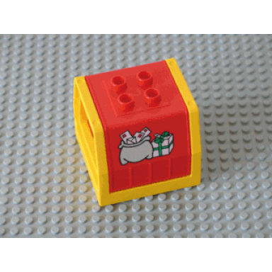 red duplo train freight container with mail bag and box pattern with yellow container frame