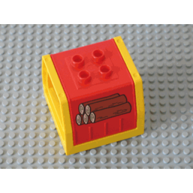 red duplo train freight container with timber pattern with yellow container frame