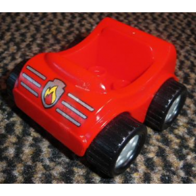 red duplo car with molded pearl light gray wheels and black treaded tires with silver stripes and fire badge pattern