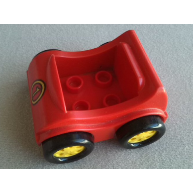 red duplo car with molded yellow wheels and black smooth tires with yellow number 1 in circle pattern