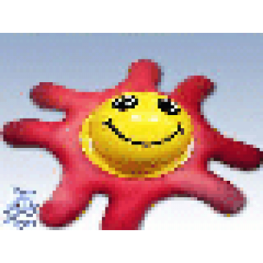 red primo teether star with 8 arms and yellow center with face pattern