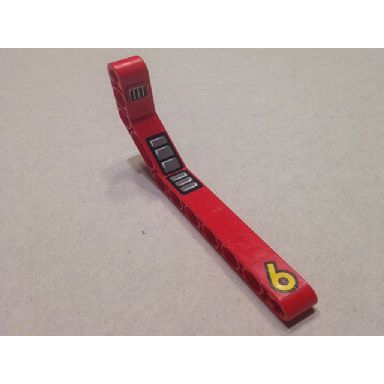 red technic liftarm modified bent thick 1 x 11.5 double with yellow 6 gray seat and black and white grille pattern stickers - set 8247