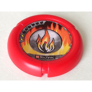 red throwing disk with throwbot torch slizer fire 2 pips lego technic logo and flames emblem pattern