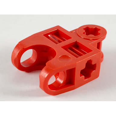 red technic axle connector 2 x 3 with ball joint socket - open sides angled forks with closed axle holes