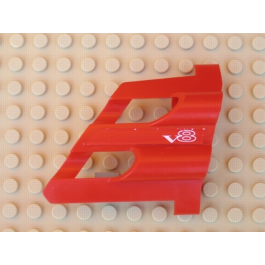 red technic panel fairing 1 large short large holes side a with white v8 pattern sticker - set 8448