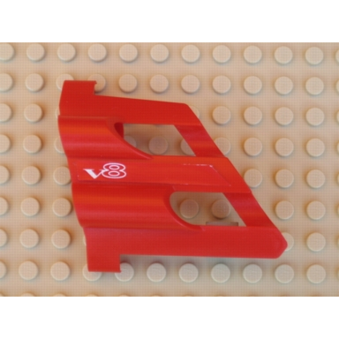red technic panel fairing 2 large short large holes side b with white v8 pattern sticker - set 8448