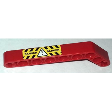 red technic liftarm modified bent thick 1 x 9 7 - 3 with danger and white hazard triangle with black and yellow stripes pattern sticker - set 8283