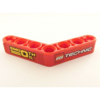 red technic liftarm modified bent thick 1 x 7 4 - 4 with smooth oil and lego technic logo pattern stickers - set 8041