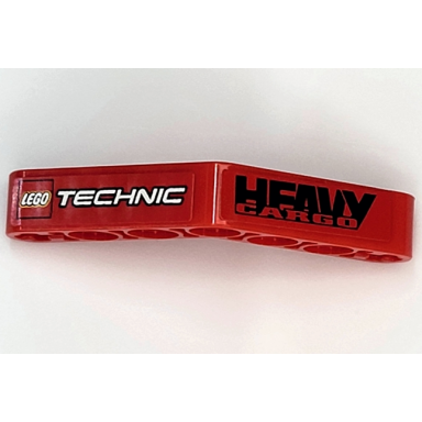 red technic liftarm modified bent thick 1 x 7 4 - 4 with lego technic logo and heavy cargo pattern stickers - set 8041