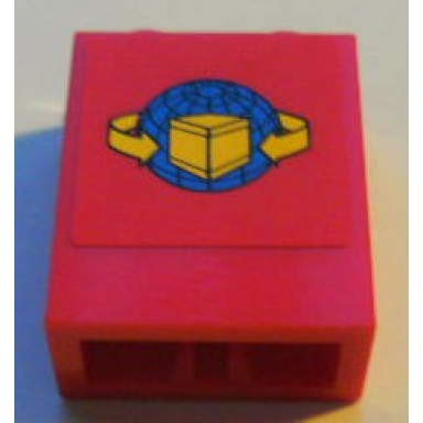 red brick 1 x 2 x 2 with inside axle holder with box and arrows and globe on red background pattern sticker - set 7939