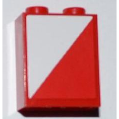 red brick 1 x 2 x 2 with inside axle holder with red and white diagonal halves pattern model left side sticker - set 3182