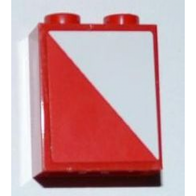 red brick 1 x 2 x 2 with inside axle holder with red and white diagonal halves pattern model right side sticker - set 3182