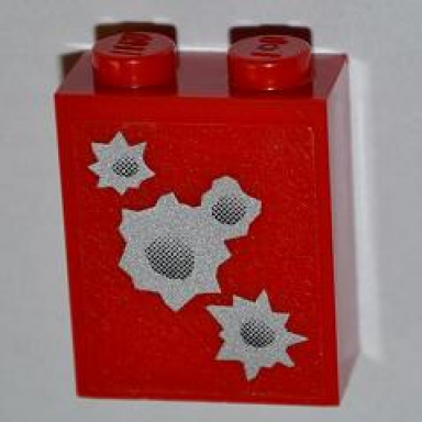 red brick 1 x 2 x 2 with inside axle holder with 4 bullet holes pattern on both sides stickers - set 7198