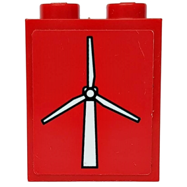 red brick 1 x 2 x 2 with inside axle holder with white wind turbine pattern on red background sticker - set 7747