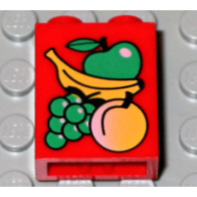 red brick 1 x 2 x 2 with inside axle holder with fruit pattern