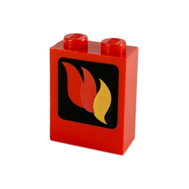 red brick 1 x 2 x 2 with inside axle holder with fire logo pattern