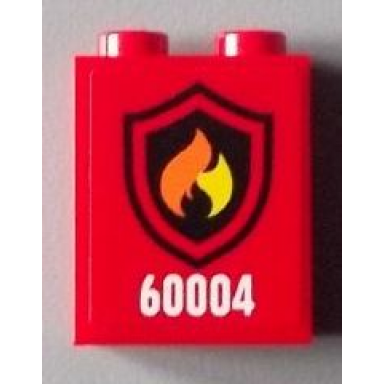 red brick 1 x 2 x 2 with inside stud holder with black and yellow fire logo badge pattern sticker - set 60004