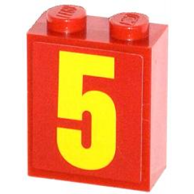 red brick 1 x 2 x 2 with inside stud holder with yellow number 5 pattern sticker - set 60061
