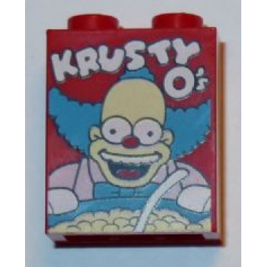 red brick 1 x 2 x 2 with inside stud holder with krusty os cereal box pattern