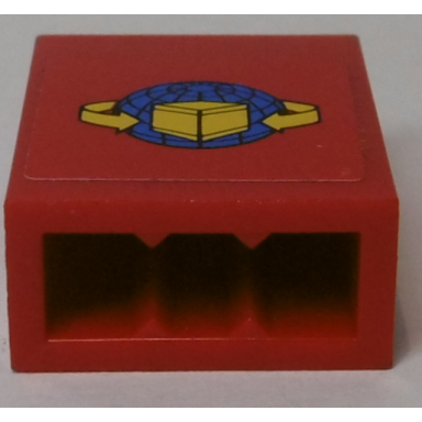 red brick 1 x 2 x 2 with inside stud holder with box and arrows and globe on red background pattern sticker - set 7939