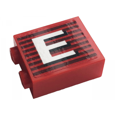 red brick 1 x 2 x 2 with inside stud holder with gray stripes and white capital letter e pattern model left side sticker - set 10272